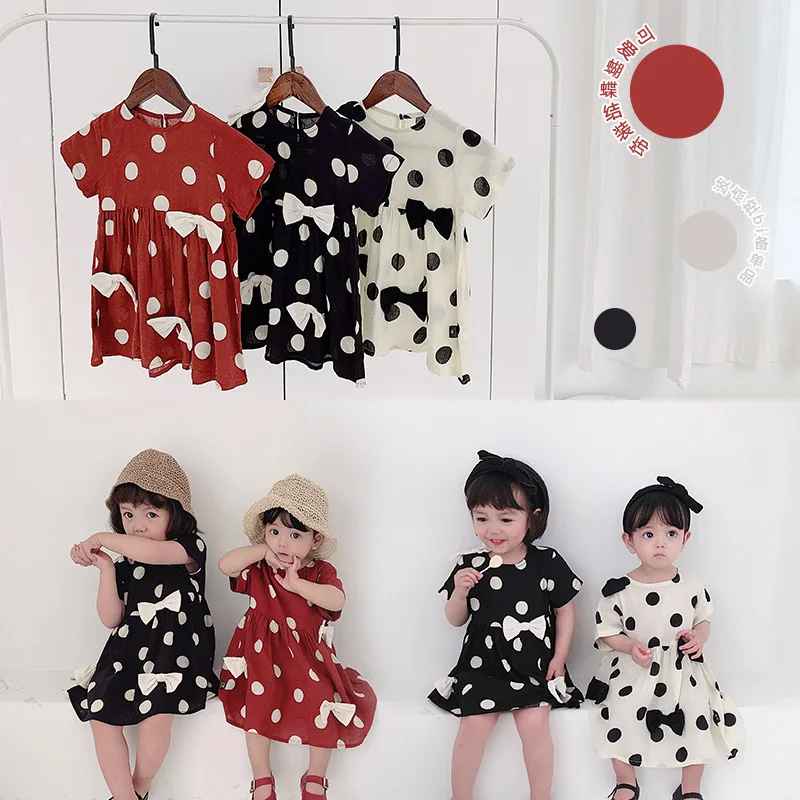 

Girls Baby Wave Dot Point with Bowtie Princess Dresses 2019 Chidlren New Style Cotton Short Sleeve A-line Dresses for Toddler