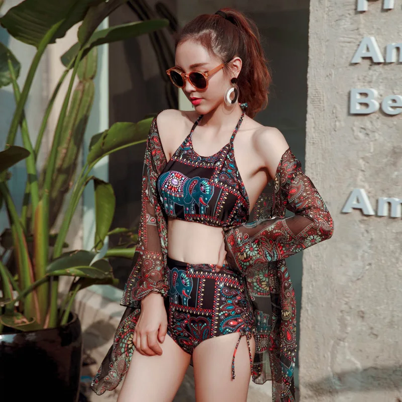 

Three Pieces 2019 Sexy Women Swimsuit Young Girl Floral Print Padded Bikini Swimwear Cover Up Plus Size Beach Dress Bathing Suit