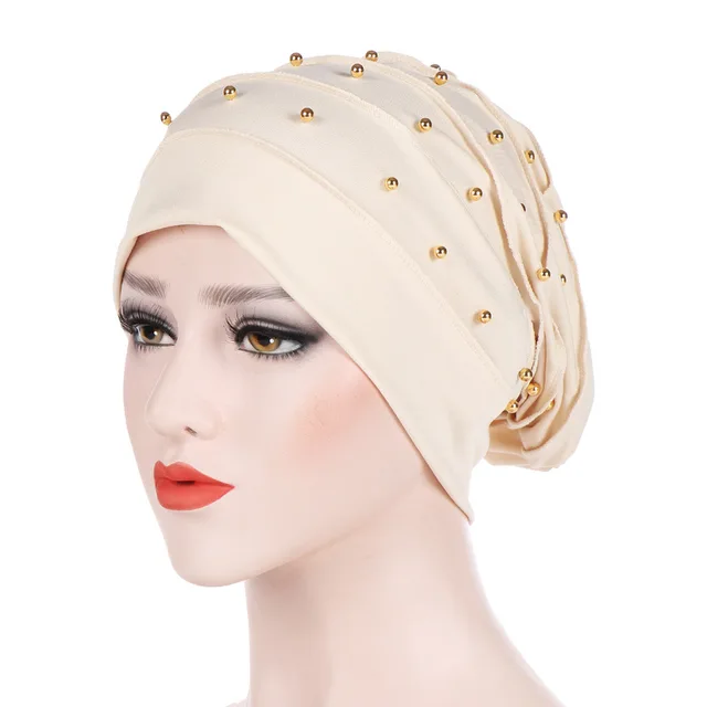Muslim Women Stretch Cotton Ruffle Bead Turban Hat chemotherapy Chemo Beanies Caps Headwrap Hair Loss For Cancer Accessories Beige