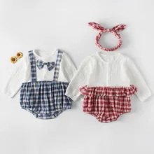 ; хлопковые комбинезоны в клетку для девочек и мальчиков; комбинезоны с длинными рукавами и бантом для маленьких детей(выберите размеры