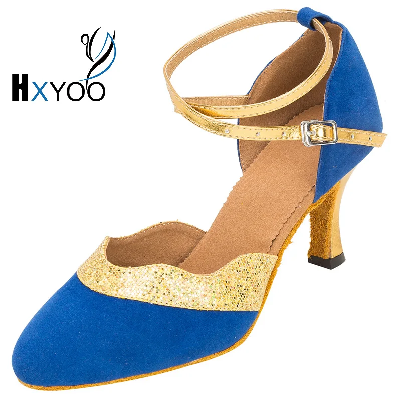 HXYOO Customized Ballroom Latin Dance font b Shoes b font Women Satin Soft Sole Blue Black