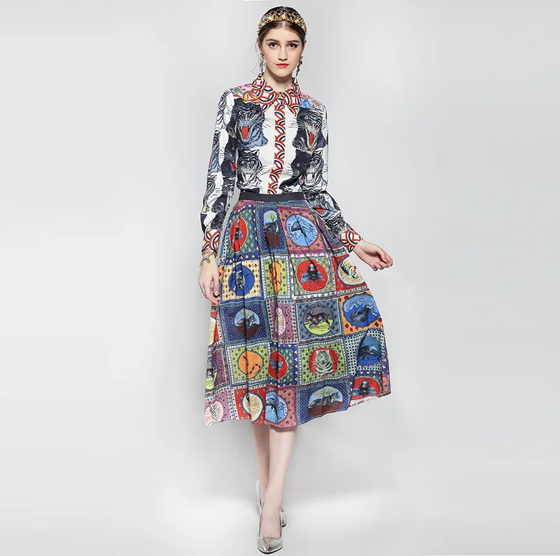 

Fashion Retro, 2017 Autumn New Style, Tiger Head Animal Flowers, Printed Shirt + Pleated Skirt, Two Sets Of Suits