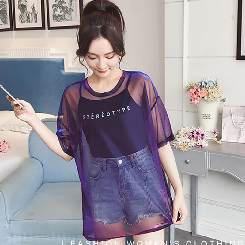 

Transparent O Neck Short Sleeve T-shirt Fashion Mesh Two Pieces Set Tshirt Harajuku Sexy T-shirt
