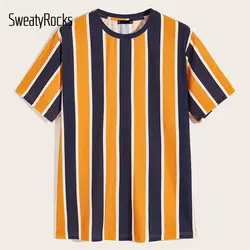 SweatyRocks мужская полосатая футболка с круглым вырезом уличная Мужская s футболки Мода 2019 Летняя Повседневная терморубашка Мужская и топы