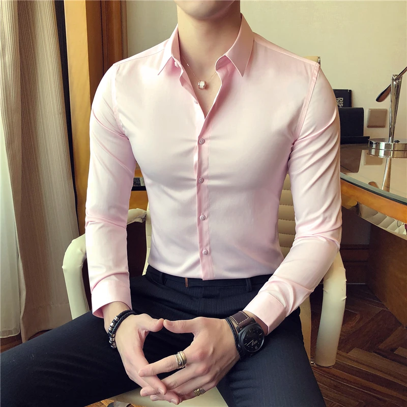 2018 spring new Korean version of the solid color fashion Slim free commerce long-sleeved shirt male British leisure shirt male