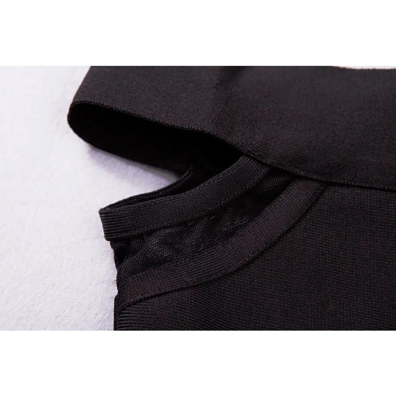 Elegant Black Off Shoulder Bandage Dress Sexy Sheer Mesh Patchwork Slash Neck Wrapped Robe Femme Bodycon Mini Party Dress 2018 (6)