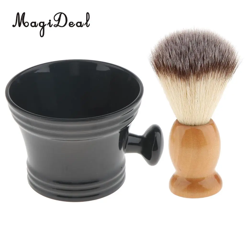 Set of 2pcs Wood Shaving Brush Plastic Shave Mug Cup Bowl Set Kit for Men