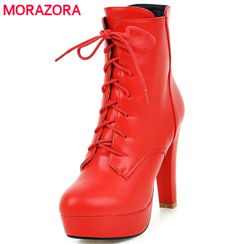 

MORAZORA Fashion boots female spuer heels shoes woman autumn platform shoes PU lace-up ankle boots for women size 34-43