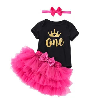 

Baby Girl's Letters Print Black Rompers+Flower Turban+Layered Tutu Skirt 3PCS Clothing Sets Triangle Rompers Summer Clothing Set