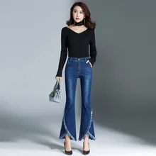Высокая талия расклешенные джинсы бойфренд джинсы для женщин колокольчик низ обтягивающие женские джинсы женские широкие брюки с кисточками деним Femme
