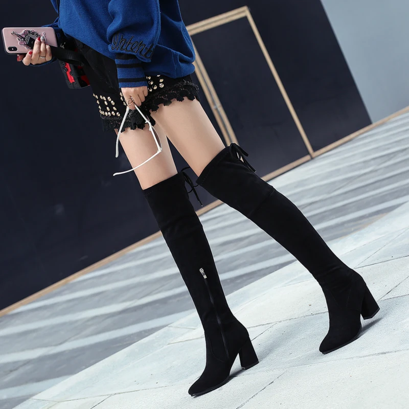 Сапоги выше колена; зимние теплые женские сапоги с круглым носком; женские модные сапоги из короткого плюша и эластичной ткани; a667