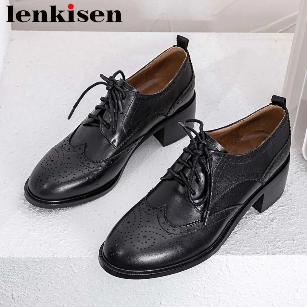 

2019 recommend retro british style bullock woman pumps genuine leather lace up chunky med heels excellent grain punk shoes L9f3