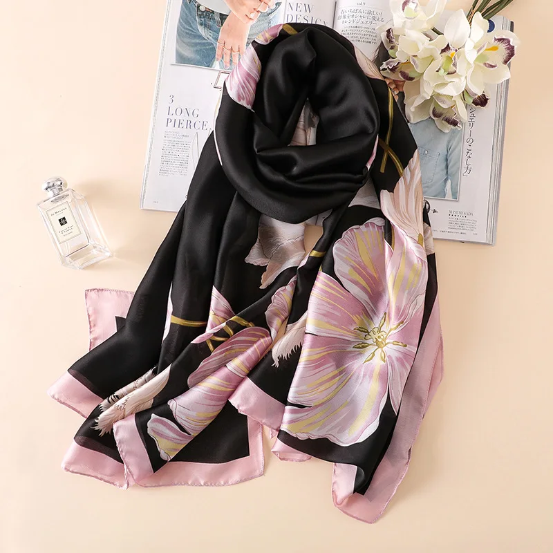 Твиловая, шёлковая косынка для женщин, дизайнерская шаль с цветочным принтом, палантин, Женская длинная бандана, Femme, Шелковый турецкий платок, хиджаб платок шарф - Цвет: sfn344b