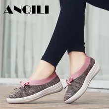 ANQILI/женская повседневная обувь на плоской подошве; дышащие сетчатые кроссовки с бантом; женские удобные лоферы без застежки; большие размеры; женская обувь на плоской подошве