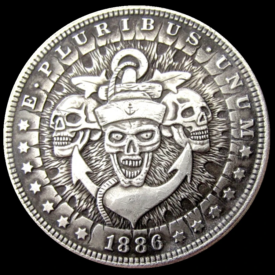 

Hobo Coins 1886 Morgan Dollar in Three Skulls Design Carved Silver-Plated Funny Coins