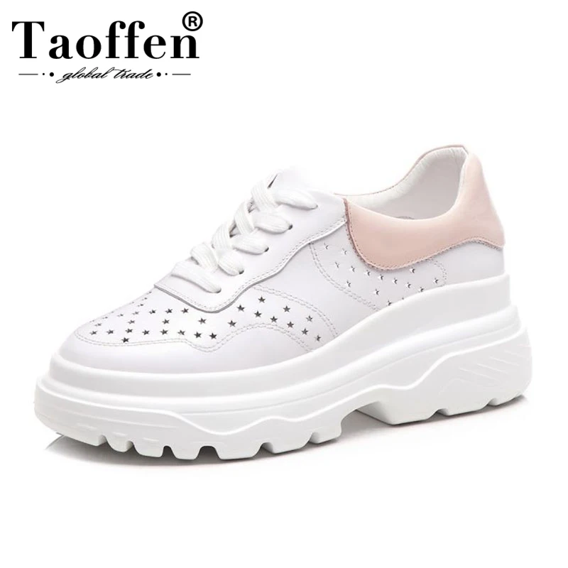 

Taoffen Thick Bottom Sneakers Women Real Leather Lace Up Platform Casual Shoes Hollow White Vulcanized Shoes Women Size 34-39