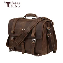 TIDING Luxury Genuine Crazy Horse Leather Men Multi-function Shoulder Bag Handbag Cow Leather Laptop Crossbody Bag 2017