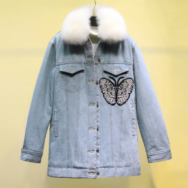 Dame Vêtements Hiver Femmes Jeans Pour Coton Veste Rembourré Fille Denim Automne Papillon Manteau Avec Col De Fourrure Et Loisirs Lâche x1wp0Tq8X