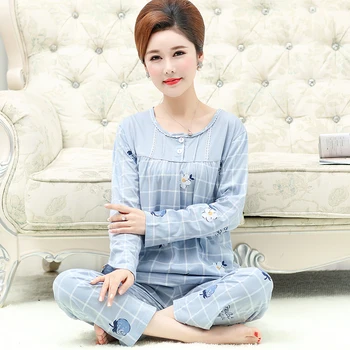 

2019 New Women Pajamas Set Cotton Plaid Soft Homewear Leisure Lingerie Flower Print Long Sleeve Long Pants Ladies Pyjamas Spring