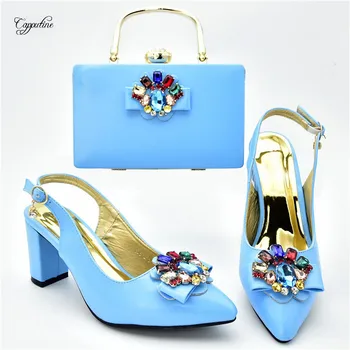 

Elegant sky blue pointed toe sandals with clutch handbag latest shoes and purse bag set with stones 108-2 heel height 7cm