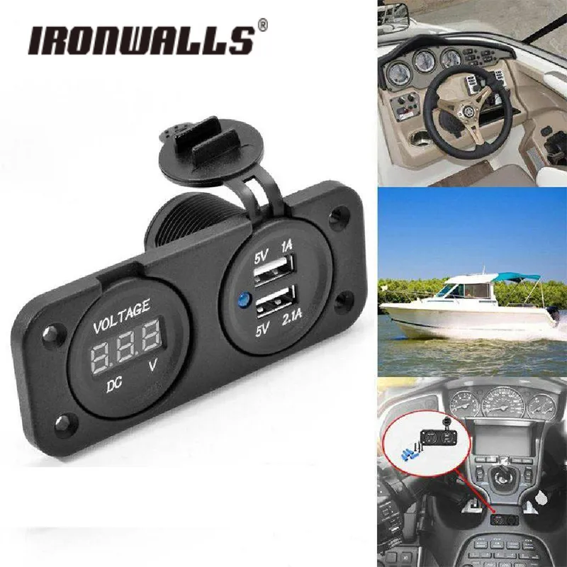 

Ironwalls Universal Dual USB Charger Socket with Voltage Gauge Auto Moto LED Digital Battery Voltmeter Tester For Car ATV Phone