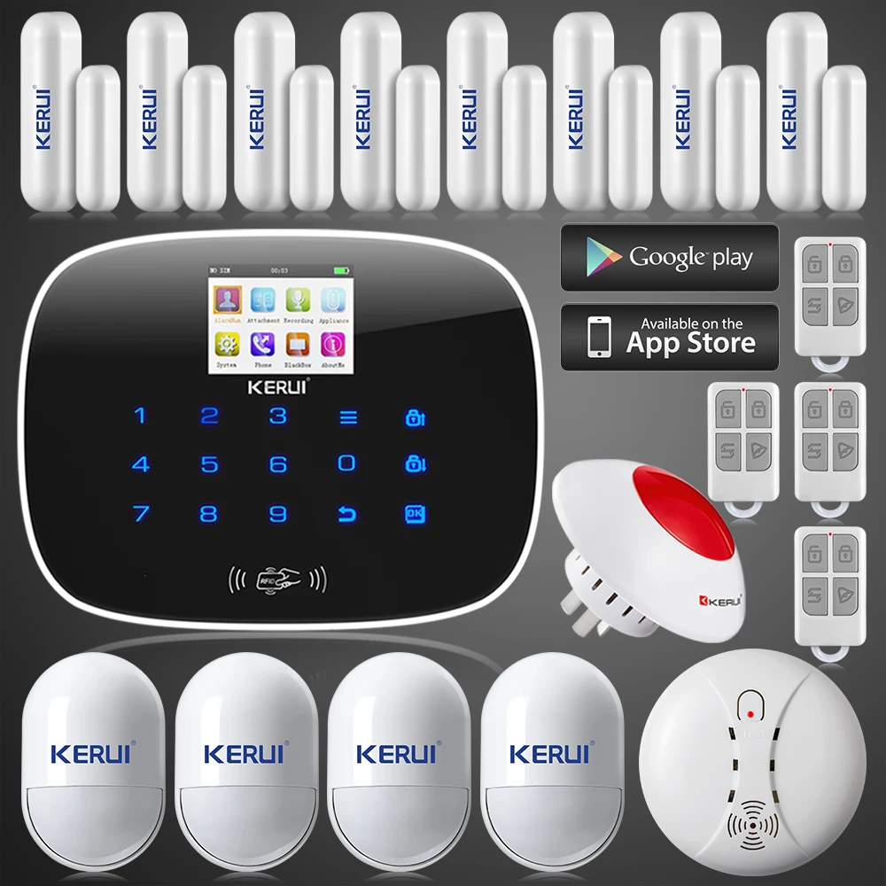 

KERUI ios android app control GSM SMS home alarm system door/window sensor open remind+Smoke fire detector+wireless flash siren