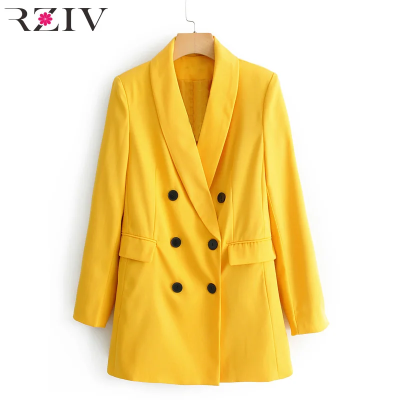 RZIV весенние женские блейзеры и куртки с длинным рукавом Повседневные желтые двубортные костюмы OL стиль