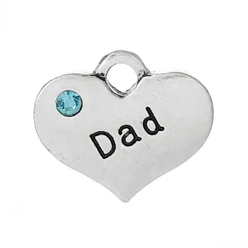 

new Charm Pendants Heart Family Silver Color "Dad"Carved Green Rhinestone 16mm x 14mm,20PCs
