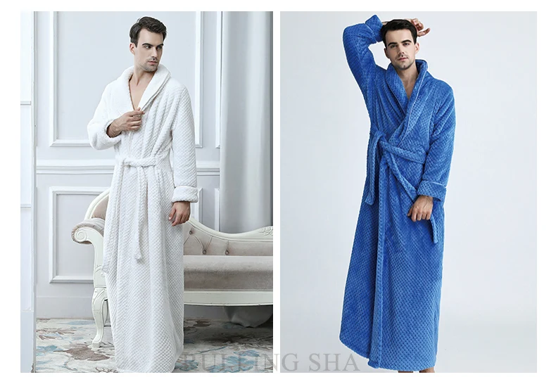 Men Winter Extra Long Knitted Waffle Flannel Coral Fleece Bathrobe Male Full Sleeve Kimono Bath Robe Women Warm Dressing Gown mens silk pajamas