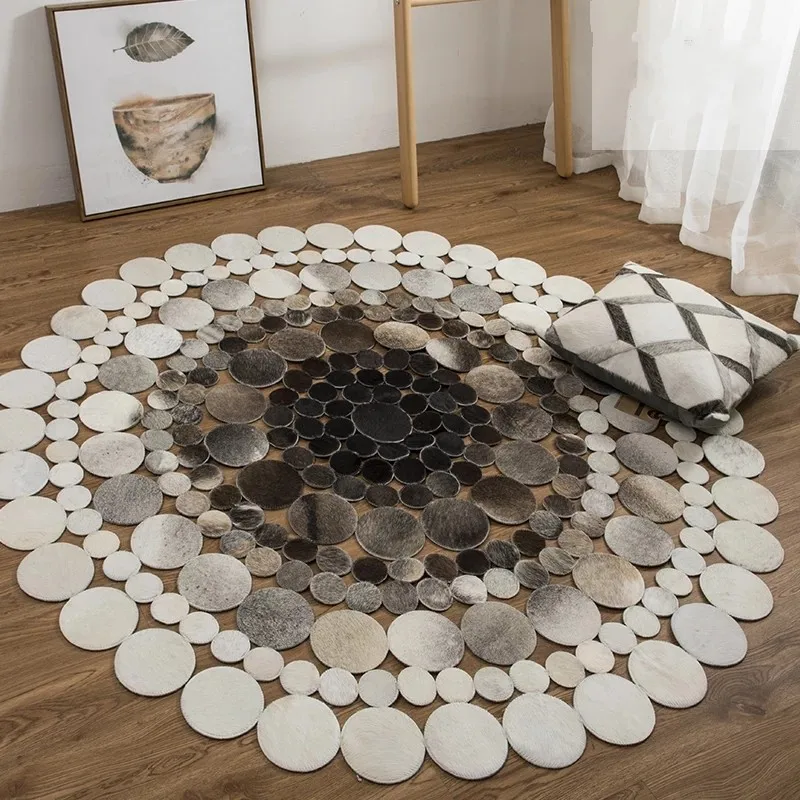 American style luxury cowhide seamed round rug modern natural milch