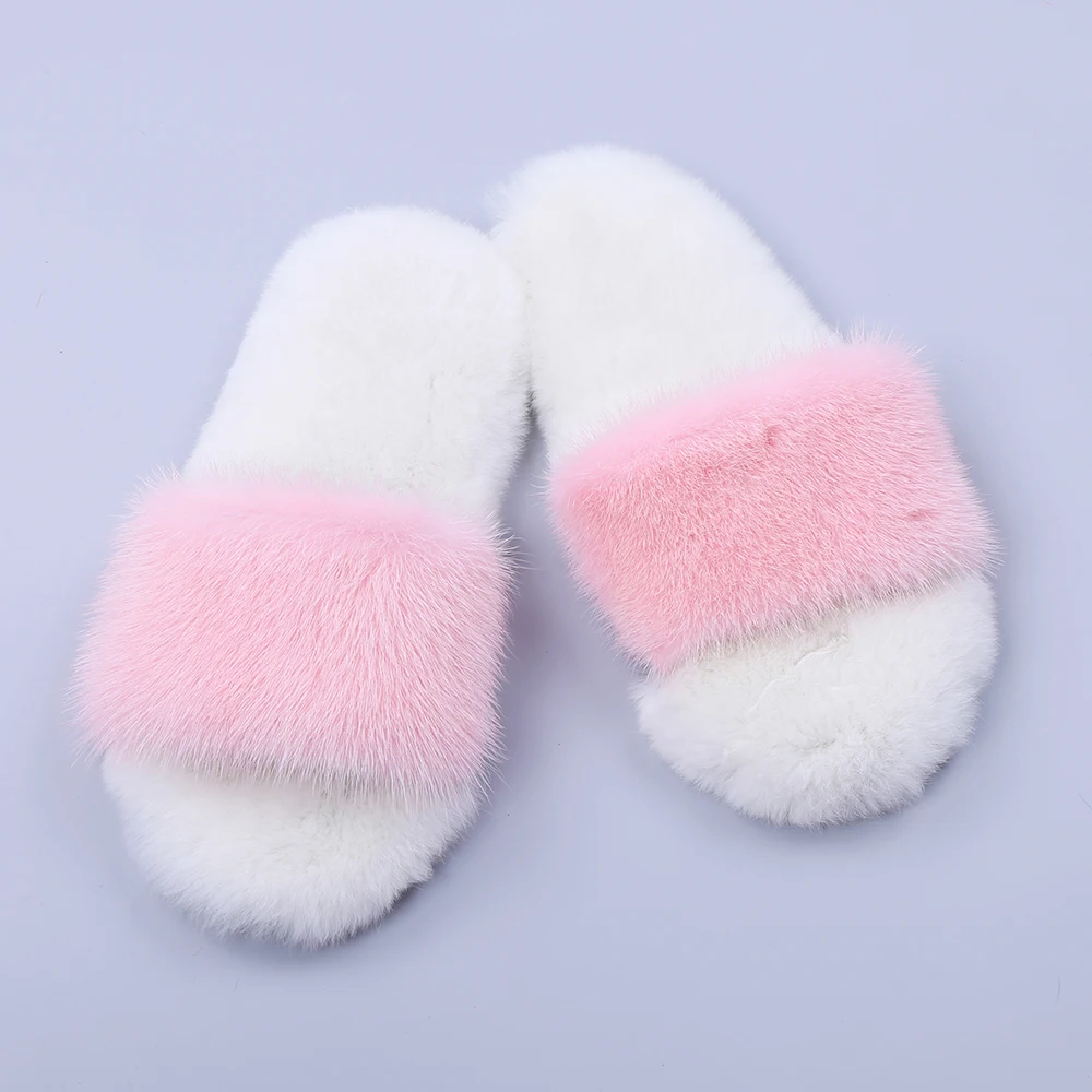 

Women's Winter Rex Rabbit Fur Mink Slippers Real Fur Slides Female Furry Indoor Casual Warm Room Flat Slipper Luxury Plush Shoes