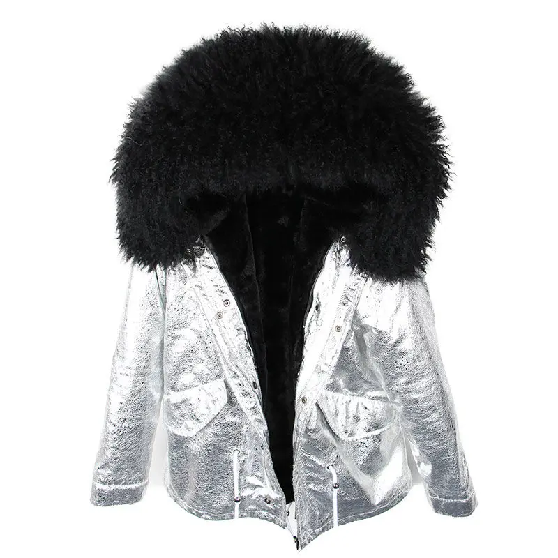 Parka Real Fur Coat Winter Jacket Women Real Mongolia Sheep Fur Parkas Thick Warm Luxury Detachable Outerwear Streetwear - Цвет: silver black