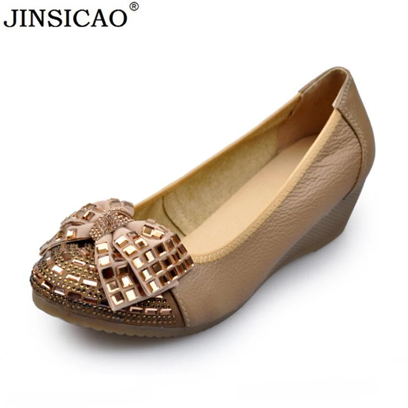 

New Fashion Bowknot Women's shoes & Pumps Woman Genuine Leather Wedges Shoes Elegant Crystal High Heels