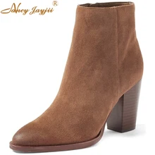 Коричневые ботильоны ручной работы; женские полусапожки с острым носком на молнии сбоку; Осенняя обувь на высоком квадратном каблуке; Nancyjayjii