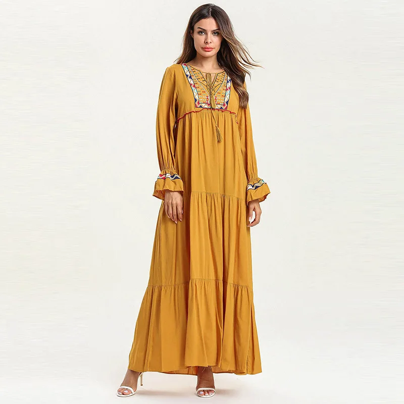 Средний Восток мусульманская мода с длинным рукавом Свободные плиссированные женские платья вышитые Многослойные повседневные тонкие