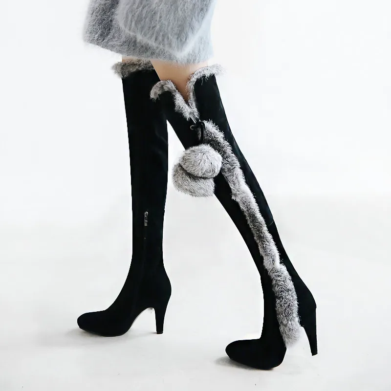 Dedo Zapatos Piel Alto Show Tacón Nieve Invierno Pelo Pie Encima Por Conejo 18aw Delgada As El Botas Rodilla La Gamuza Caballero Sexy Mujeres Del Puntiagudo De Las z6wFx5qS