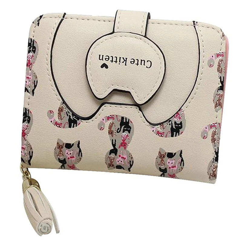 

Ctue Women Cat Purse Short Wallet Bags Handbags Card Holder (Beige)