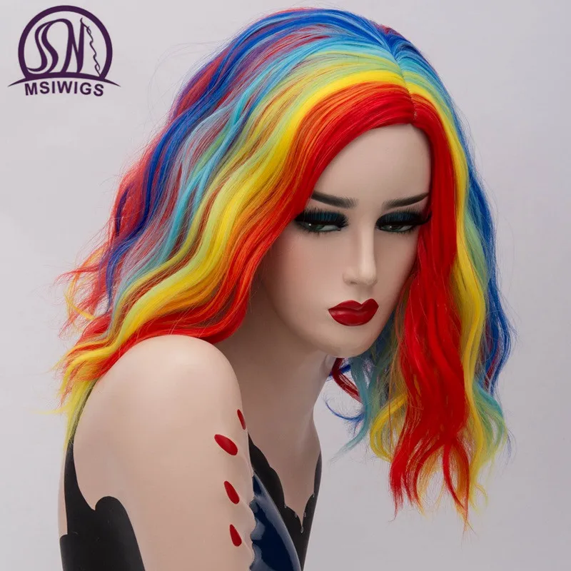 Pelucas cortas de Cosplay para mujeres pelucas onduladas de Color arcoíris lado Central línea de pelo Natural Cos sintético Rosa pelo Pelucas cortas de Cosplay para mujeres pelucas onduladas de Color arcoíris lado Central línea de pelo Natural Cos sintético Rosa pelo