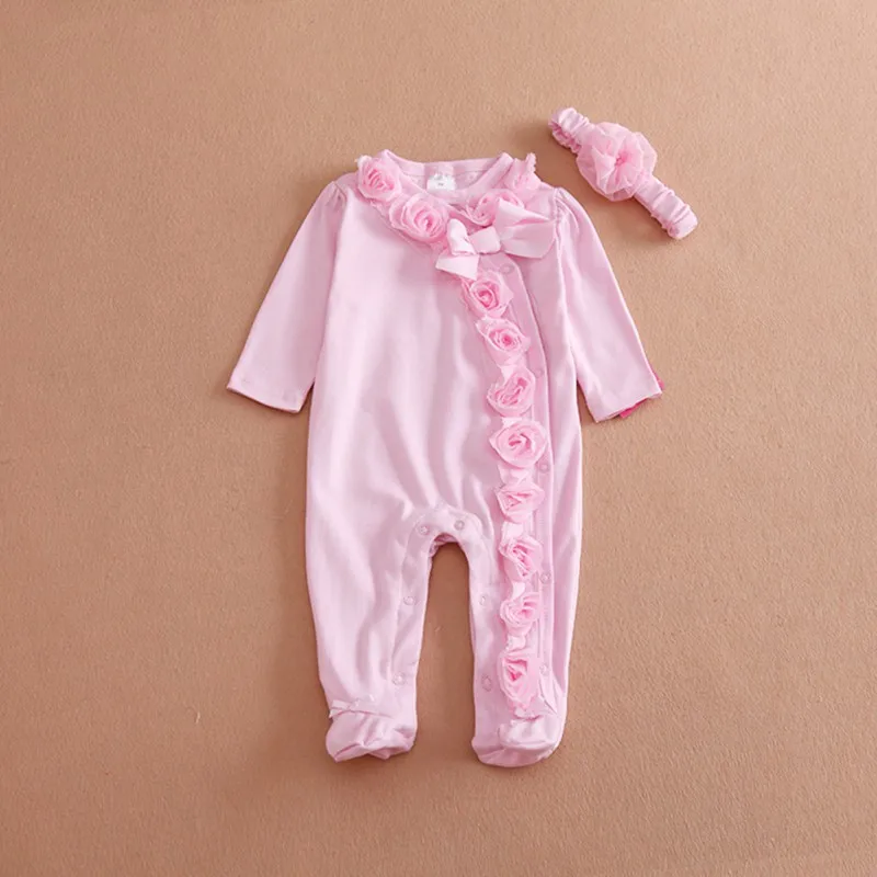 Новинка; одежда для малышей; хлопковые комбинезоны с цветочным принтом; повязка на голову; Одежда для девочек - Цвет: Розовый