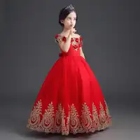 Luxury Strapless Red Beading Flower Girl Performance Dresses Kids Children Appliques Embroidery Gold Wire First Holy Ball Gowns