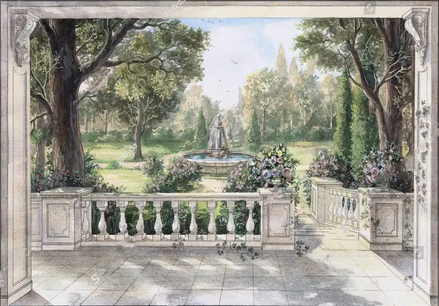 Taman Watercolor Sketsa Pemandangan Air Mancur Pohon Bunga Air Mancur Latar Belakang Kain Vinil Komputer Cetak Dinding Latar Belakang Background Aliexpress