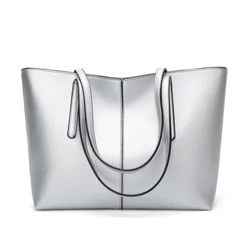 

NEW 2020 Brand WoMen's Bag Fashion Simple Wild Large Capacity Tote Bag Leather Shoulder Bag Silver Color Handbags Lady
