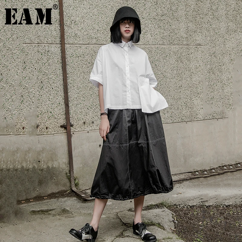

[EAM] 2019 New Spring Summer Lapel Short Sleeve White Brief Loose Temperament Big Size Shirt Women Blouse Fashion Tide JX110