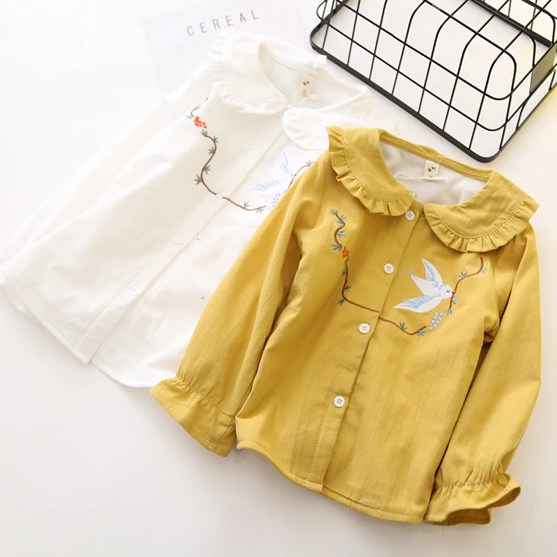 

2017 Fall Winter Cotton White Long Sleeve Shirt for Children Baby Girls Tops Embroidery Flower and Bird Blouses School Kids