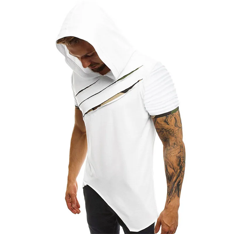 

Fashion Hole Multi Color T-shirts Men Short Sleeve Summer Tops For Male Solid Irregular Fold White Hooded Short Sleeve Homme