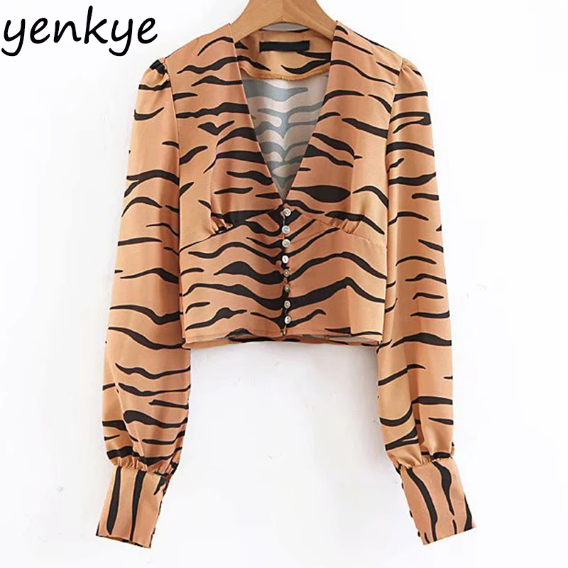 Women Sexy Tiger Leopard Print Chiffon Blouse Shirt Female V Neck Long