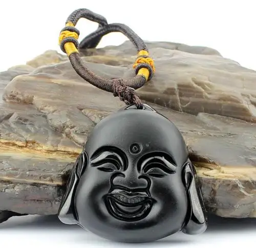 Koraba Fine Jewelry Natural Obsidian Stone Hand Carved Black Buddha Charm Pendant Necklace Free Shipping | Украшения и аксессуары