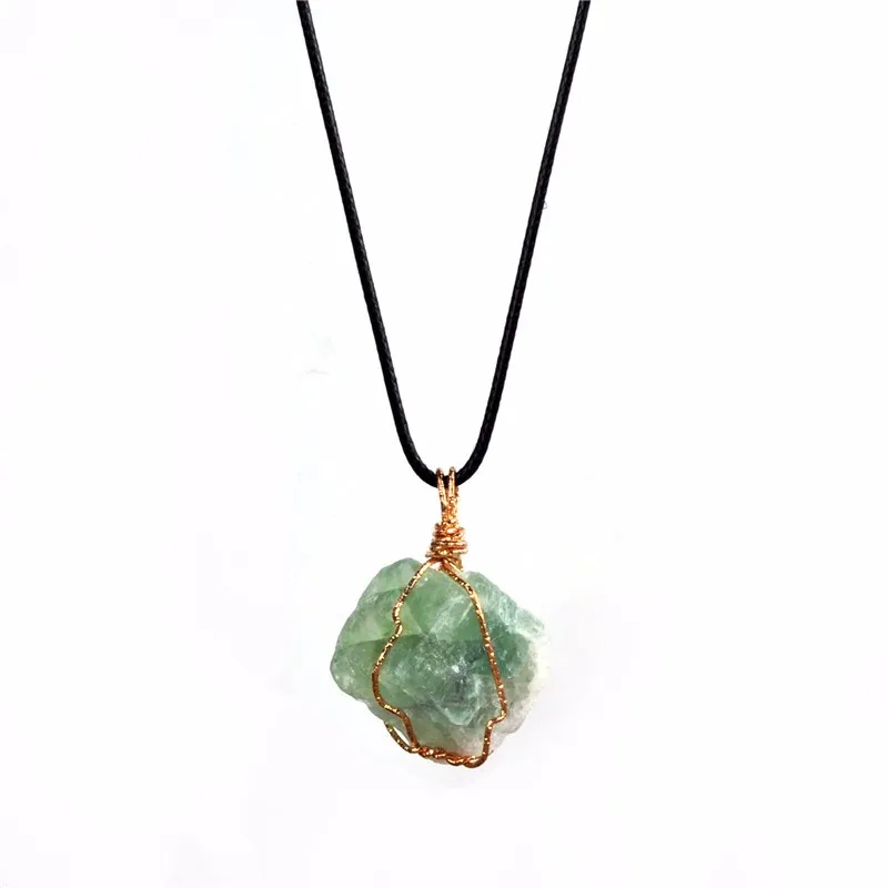 Handmade Irregular Natural Stone Wire Wrapped Pendant Women Men Summer Jewelry Free Leather Chains