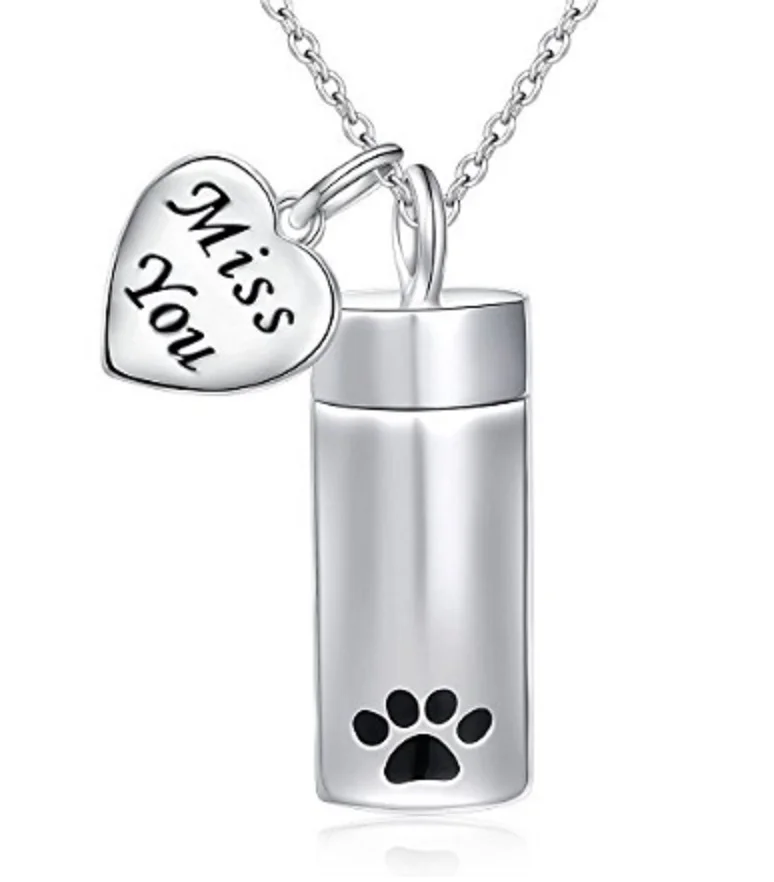 

JJ001 Pet Loss Cremation Jewelry - Carved "Miss You" Heart Charm & Dog/Cat Paw Print Cylinder Memorial Urn Pendant For Ashes