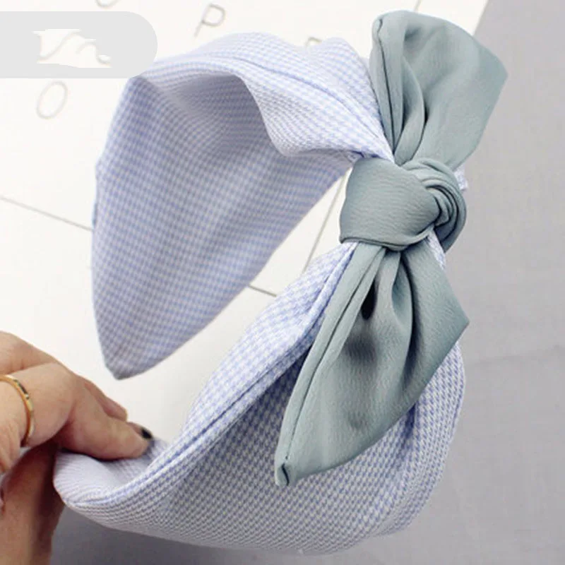 Милая Корейская женская клетчатая тканевая повязка для волос с бантом, повязка на голову, заячьи кроличьи уши, обруч для волос, аксессуары - Цвет: Sky blue